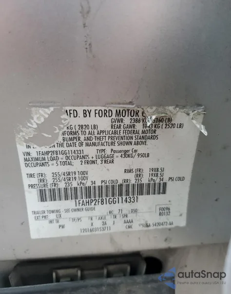 2016 Ford Taurus Limited из США, поврежденный, VIN 1FAHP2F81GG114331